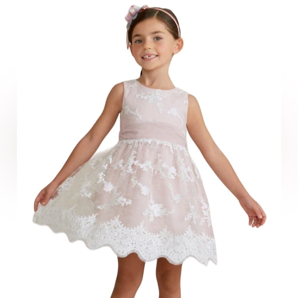 Abel & Lula Girl’s Formal Dressy Embroidered Tulle Light Pink Lace Dress Size 8